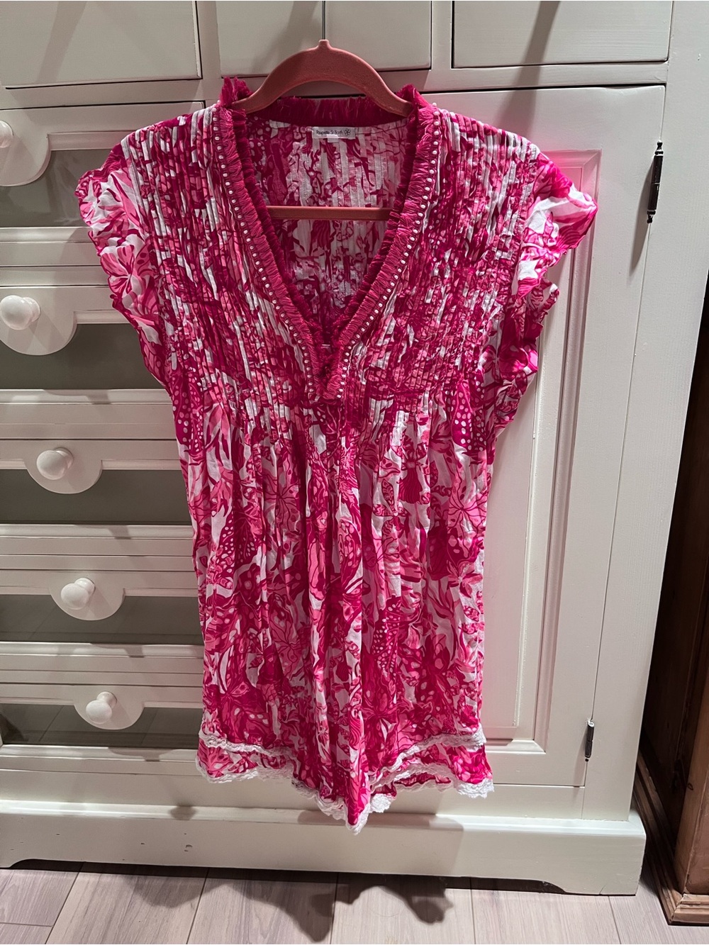 CUTE cotton Poupette St. Barth Pink & White Floral Beach Sun Dress Coverup Small